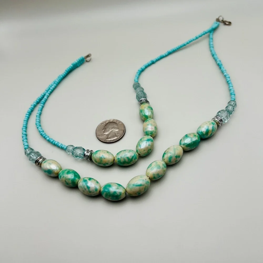 Turquoise Blue Double Strand Beaded Necklace Marbled Oval Beads Seed Beads‎